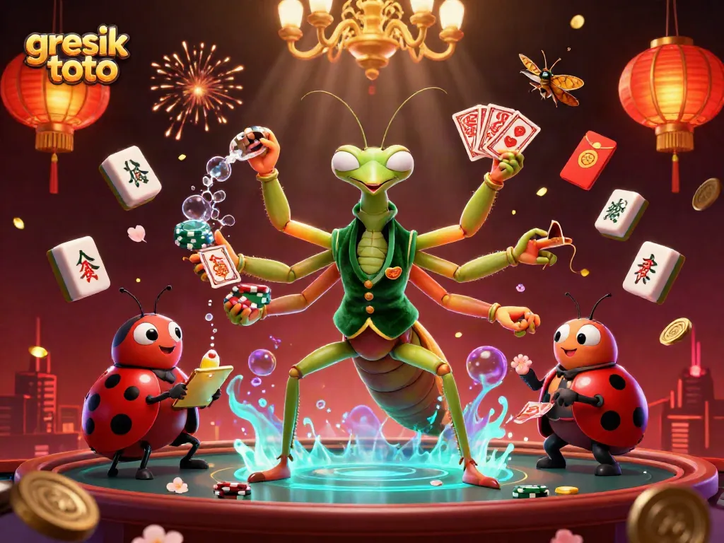 Experience the exciting world of gresik toto with giant cartoon characters, casino games, and vibrant decorations.