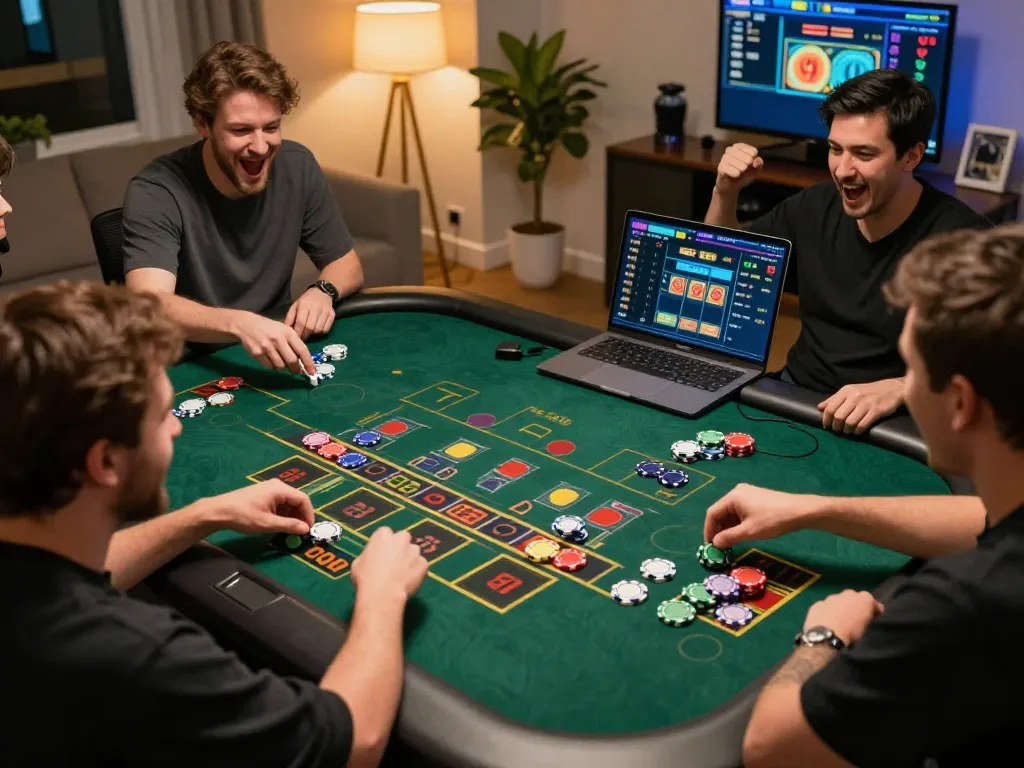 Exciting players enjoying xóc đĩa online, vibrant atmosphere with colorful chips and digital displays