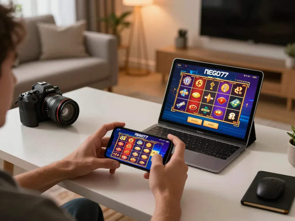 Player enjoying online slots on NEGO77 platform with smartphone, showcasing engaging gameplay.