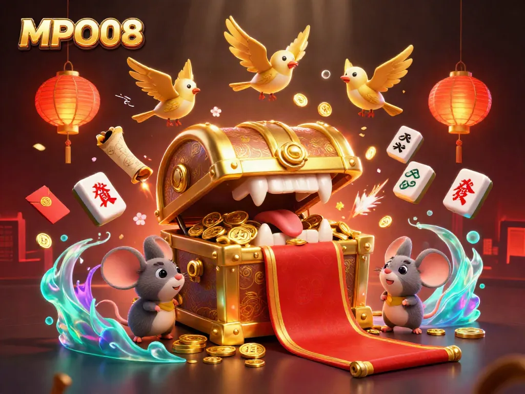 MPO08 illuminates a casino scene with a treasure chest and festive decorations enticing players to join.