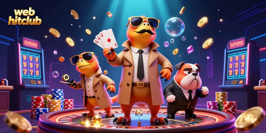 Watch the raptors in a trench coat sneak into the web hitclub casino, surrounded by flying coins and cards.