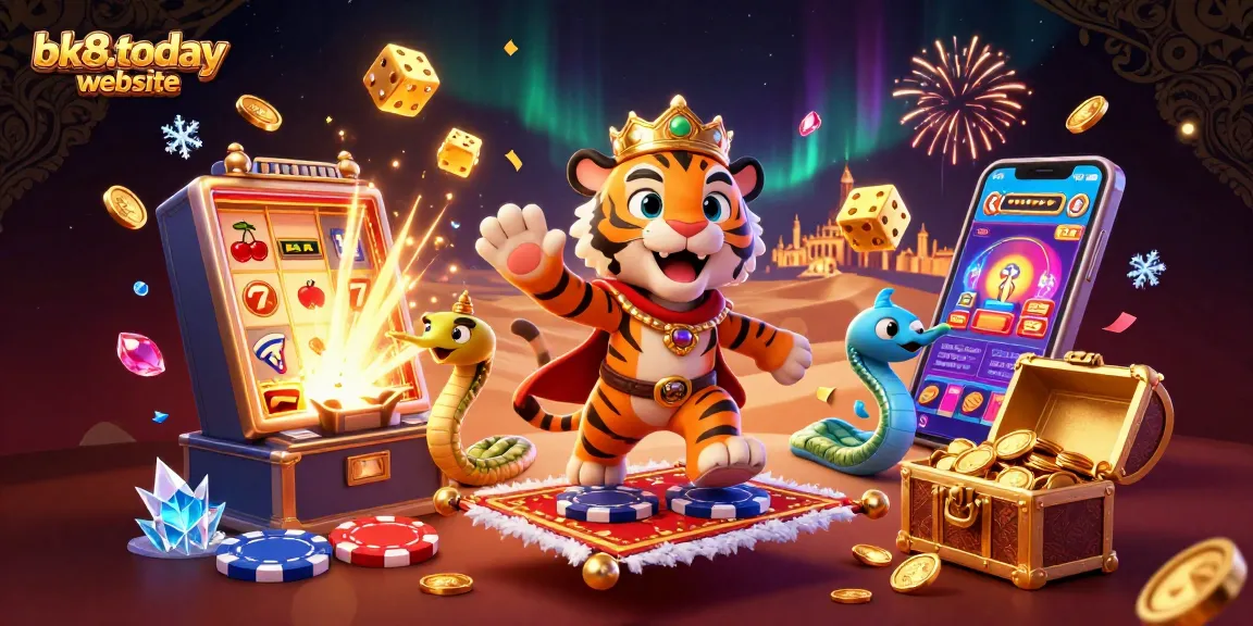 Spin and win at the bk8.today website with a vibrant casino-themed illustration featuring a sultan and a jackpot!