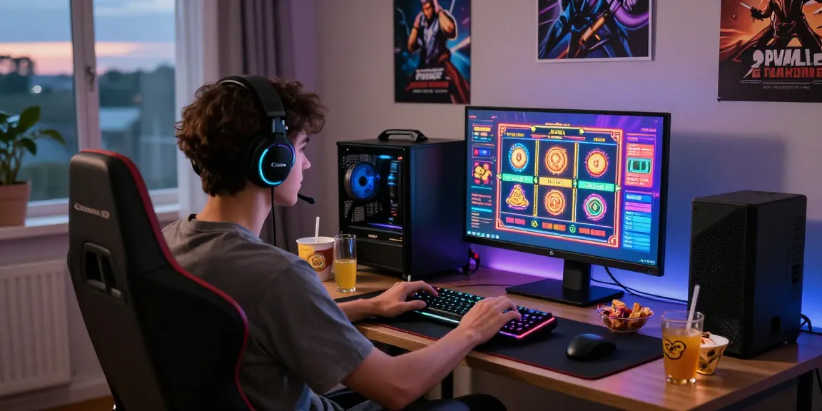 Pengalaman bermain game online dengan Situs LUXURY777 di ruangan nyaman dengan lampu LED dan monitor besar.
