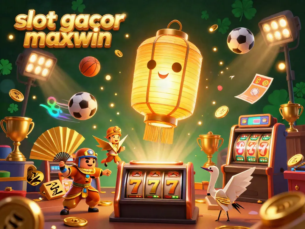 Engage with the vibrant slot gacor maxwin scene featuring glowing characters, dynamic sports elements, and stacking gold coins.