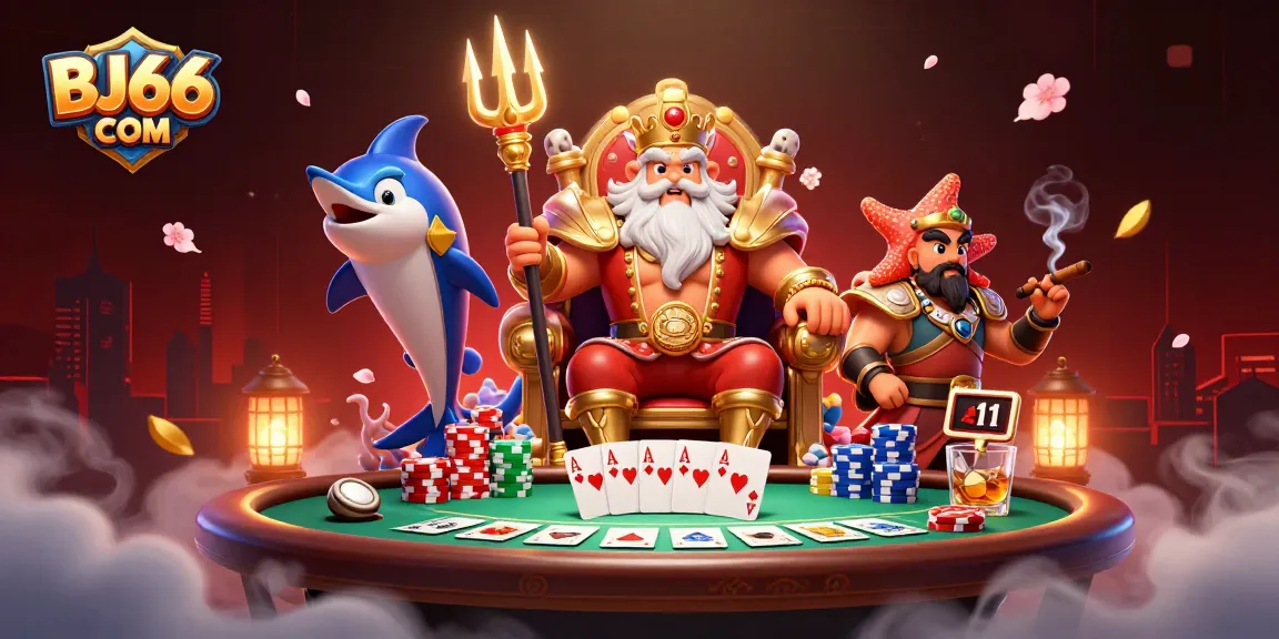 Engage in exciting gameplay with BJ66 COM, featuring Neptune and poker elements in a vivid casino scene.