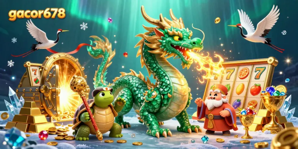 Experience the excitement of gacor678 with a vibrant scene featuring dragons, gold treasures, and slot reels.