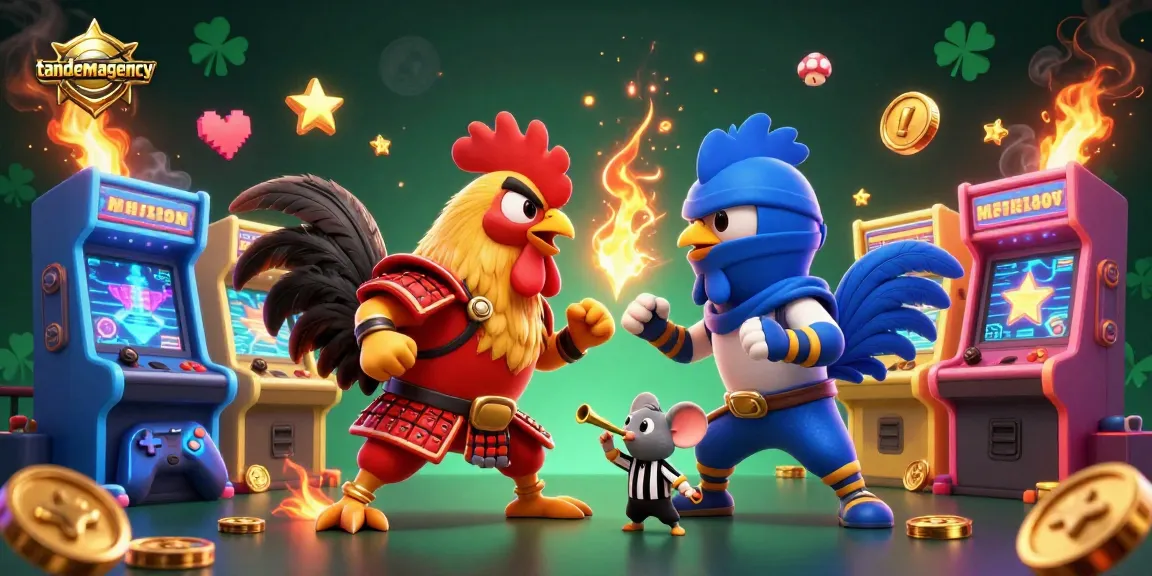 Twin roosters in a dramatic casino showdown representing tandemagency, with colorful arcade machines around them.