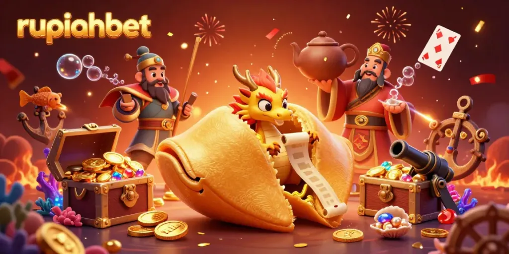 Experience exciting wins with rupiahbet's vibrant casino scene illustration, featuring a magical fortune cookie and golden treasures.