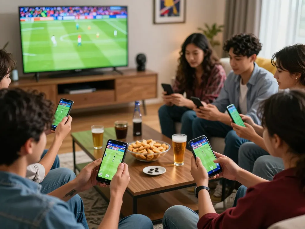 Friends engaging in sports betting while checking Kết quả bóng đá on mobile devices in a lively home setting.