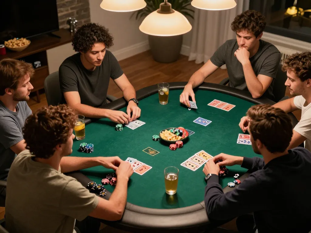 IDCASH88 poker night setup with friends enjoying chips and cards in a cozy home atmosphere