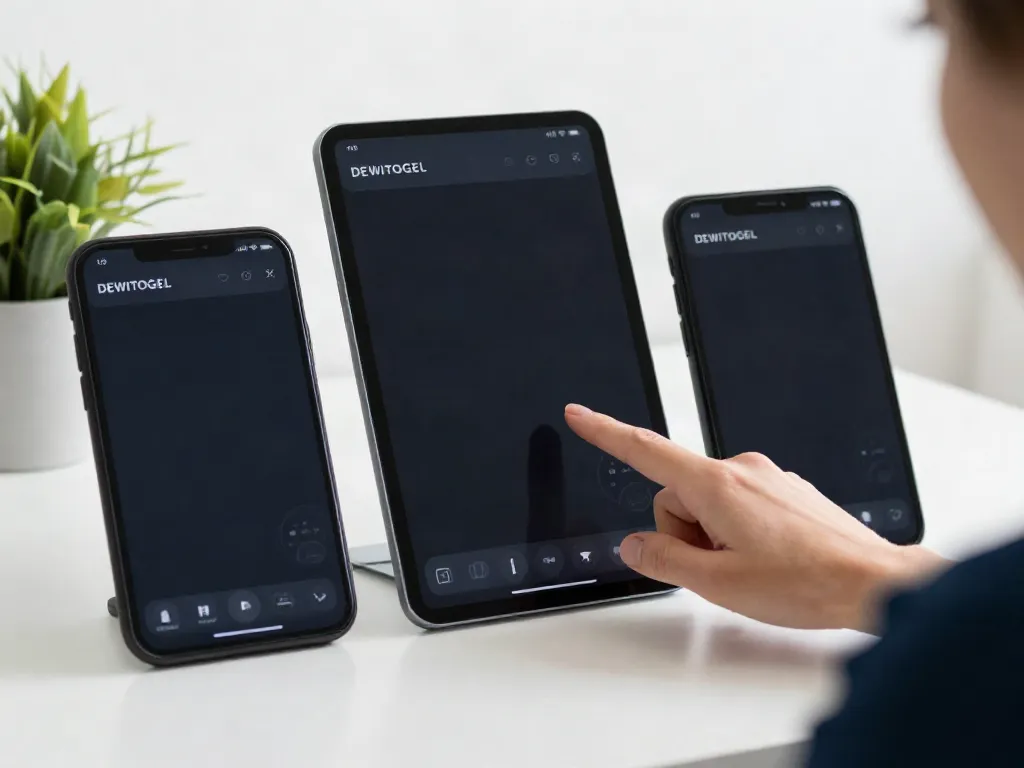 DEWITOGEL - Antarmuka digital layanan AC yang mudah dinavigasi dengan pengguna berinteraksi di ruang kerja yang cerah.