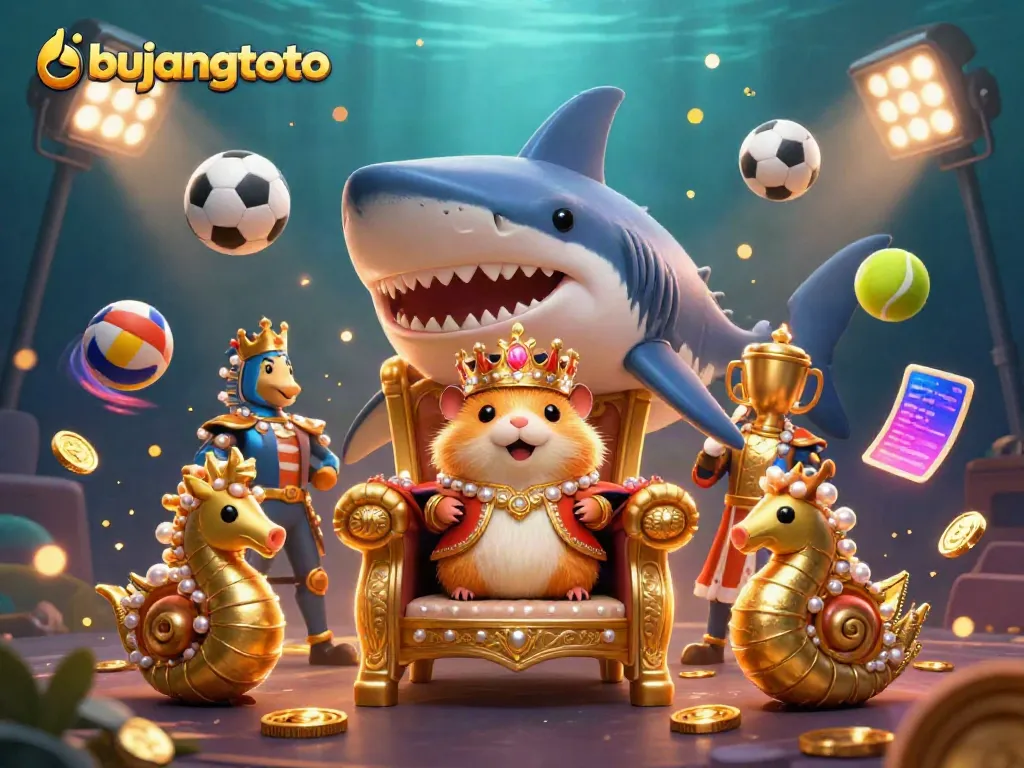 Experience the excitement of bujangtoto with a vibrant underwater casino scene featuring a golden hamster king surrounded by dynamic game elements.