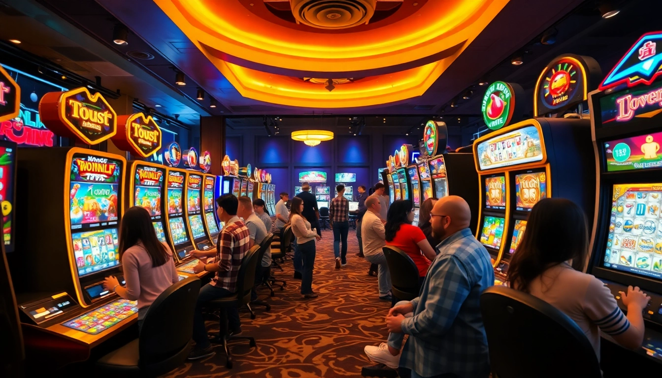 Exciting asupantoto online gaming experience with players at vibrant slot machines.