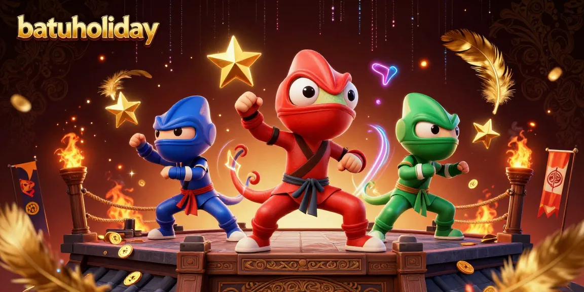 batuholiday showcases ninja chameleons in a vibrant casino showdown, surrounded by gold coins and epic action
