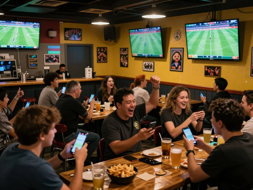 Cheerful fans engaging in xem bóng đá Socolive while using their smartphones to place bets on a thrilling match.