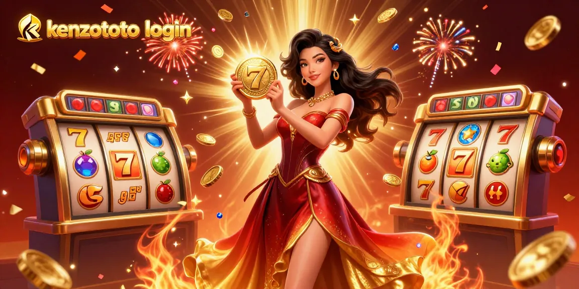 Engage in exciting gameplay at kenzototo login, featuring a stunning Asian woman holding a golden coin surrounded by dynamic casino elements.