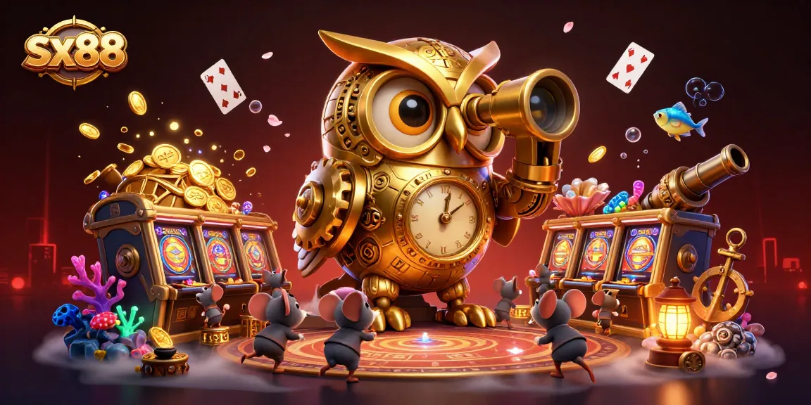 SX88 players winning jackpots at a vibrant casino scene with golden owl and playful mice.
