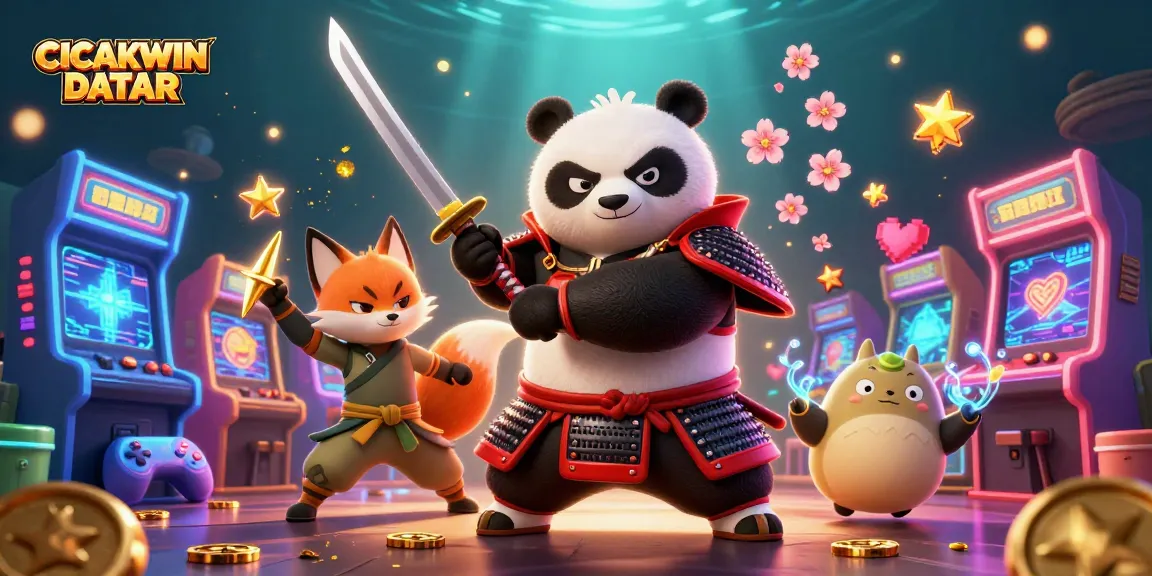 CICAKWIN DATAR showcases a vibrant 3D scene with samurai panda and ninja fox in an engaging casino gaming atmosphere.