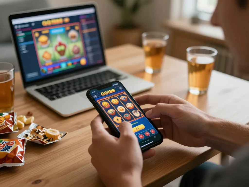 Memainkan QQ188 Slot di smartphone, memasang taruhan dengan grafik yang hidup dalam suasana rumah yang nyaman