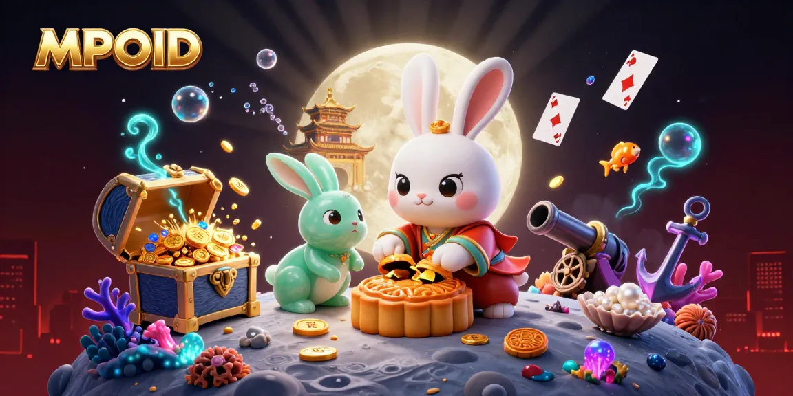 MPOID offers an exciting gaming experience on a lunar-themed illustration featuring enchanting rabbits and casino elements.