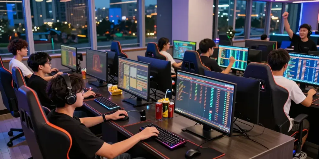 Engaged players studying rajabandot results in a lively gaming lounge.