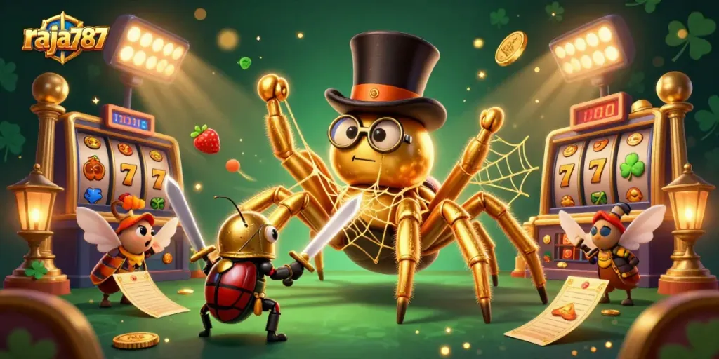 Mengungkap raja787 dengan tarantula emas, kesatria beetle, dan aksesoris slot menarik.
