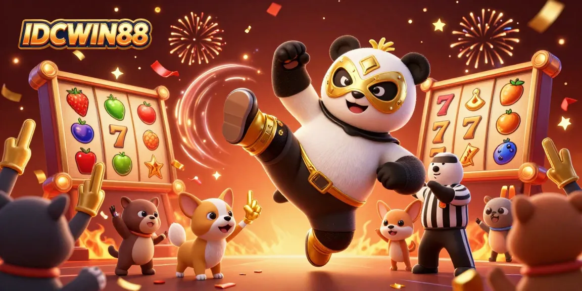 Experience high-energy action with IDCWIN88, where a panda wrestler faces off surrounded by slot reels and festive elements.