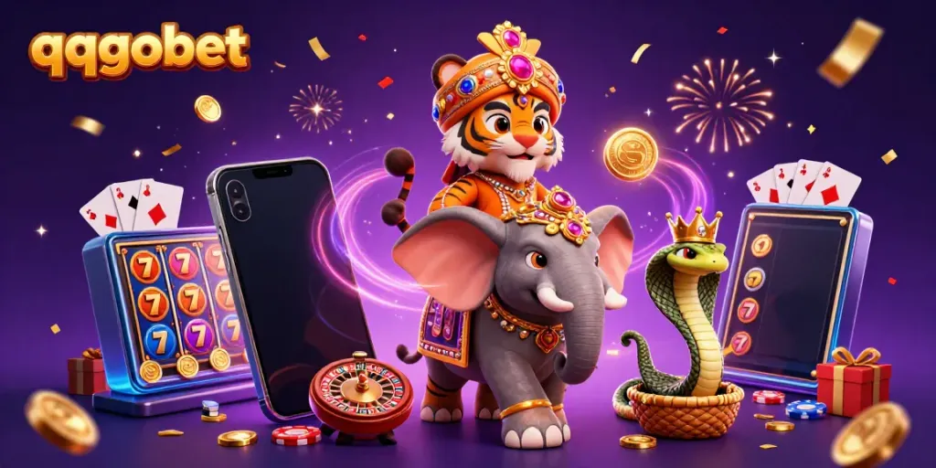 qqgobet menyajikan ilustrasi kasino digital dengan macan maharaja dan gajah yang bertema, di tengah permainan slot