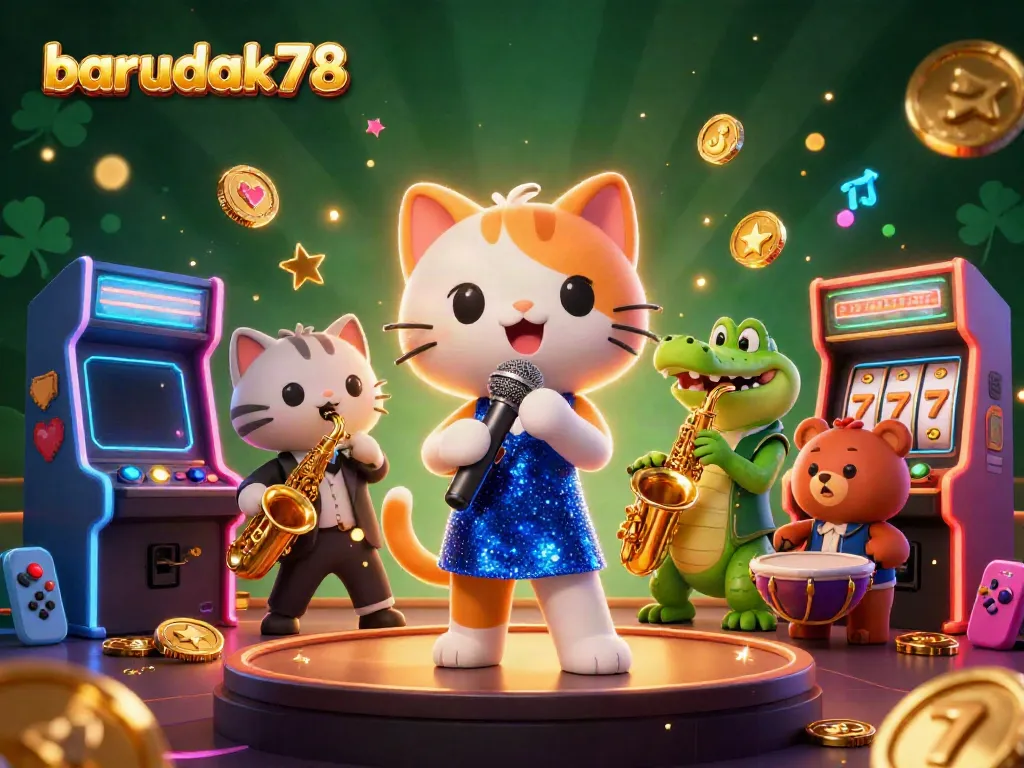 ilustrasi barudak78 yang menggambarkan kucing penyanyi jazz, buaya, dan beruang di kasino