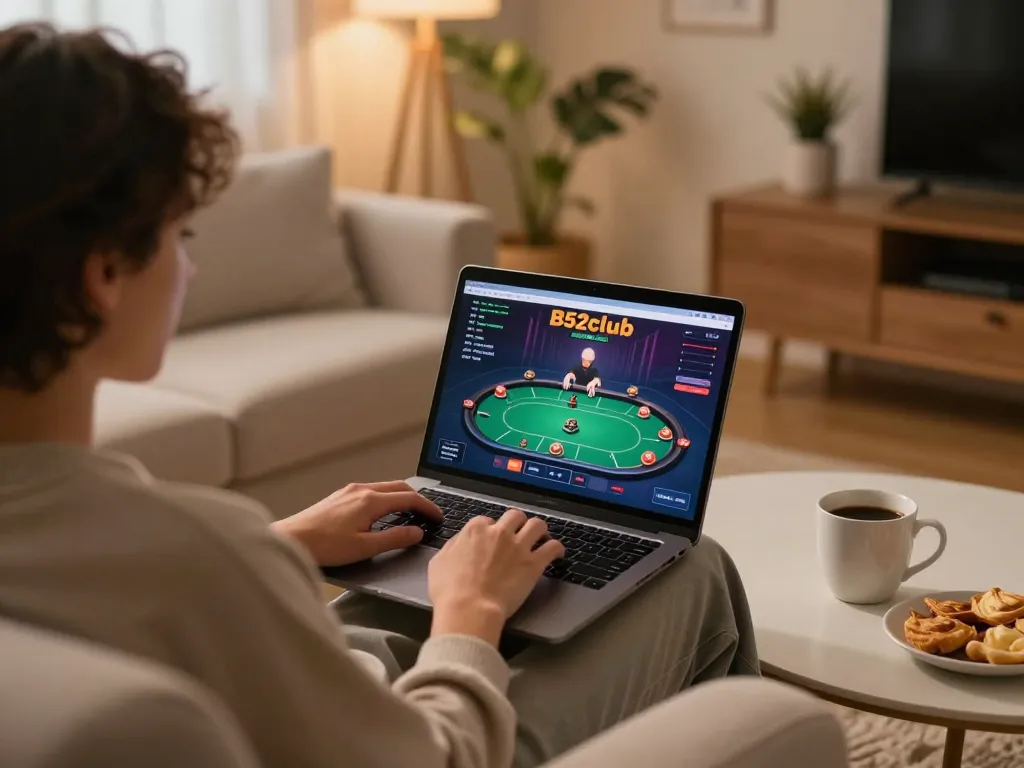 B52club player enjoying online poker from home with engaging gameplay interface visible.