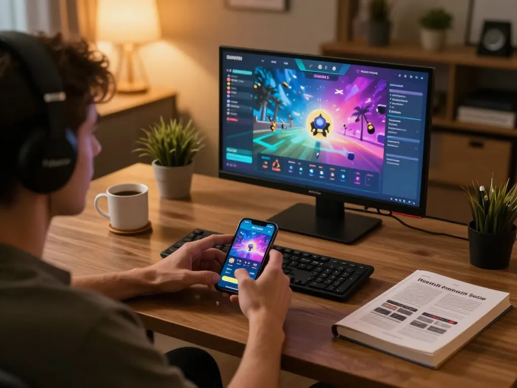 Player enjoying Sunwin mobile app, engaging with vibrant casino games in a cozy home setting