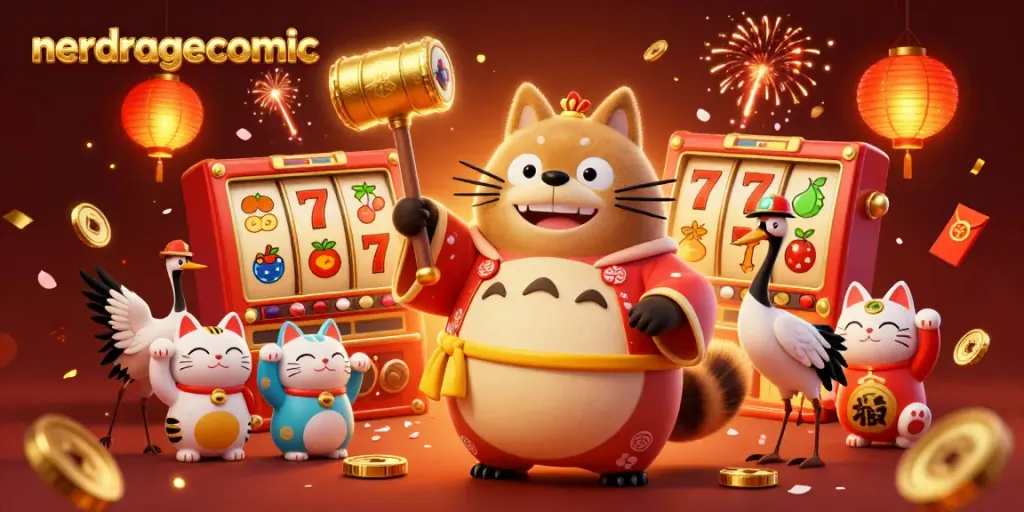 NerdRageComic menampilkan karakter tanuki berkenakan kostum festival Jepang di kasino dengan elemen slot yang berputar.