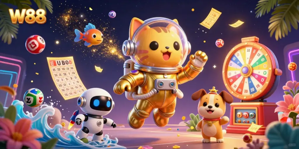 W88 casino scene with a space astronaut cat and robot dog amid dynamic gaming elements.