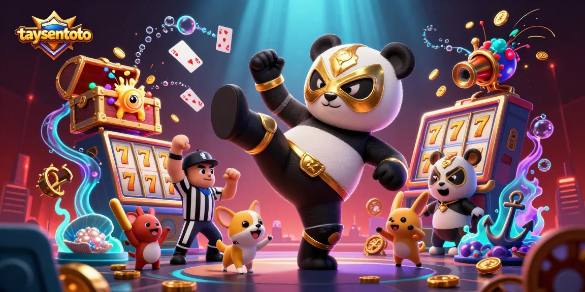 Taysentoto mempersembahkan ilustrasi kartun 3D kegembiraan judi dengan panda pegulat dan penonton hewan kecil di luar ruangan.