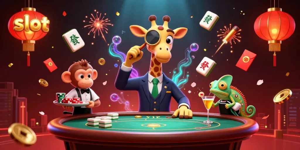 Menang slot dengan jerapah dan valet di meja poker, suasana meriah kasino.