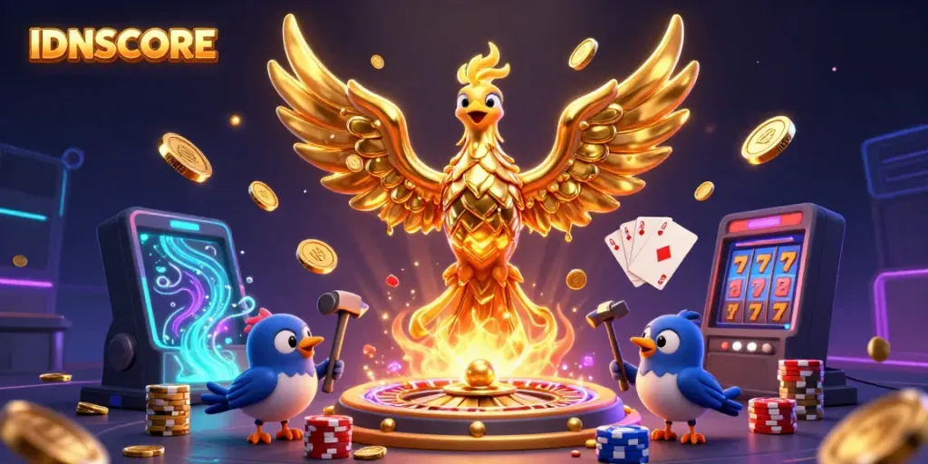 Experience the captivating world of IDNSCORE with a golden phoenix amidst a thrilling casino scene.