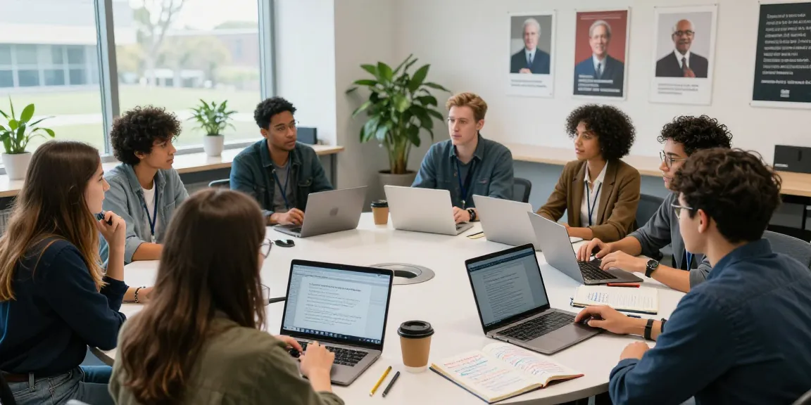 Diverse students in a university discussing communication strategies with laptops and notes at a table, slot gacor in a lively learning environment.