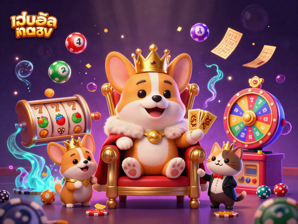 Experience เว็บสล็อตตรง with a vibrant scene featuring a royal corgi on poker chips amidst colorful gaming elements.