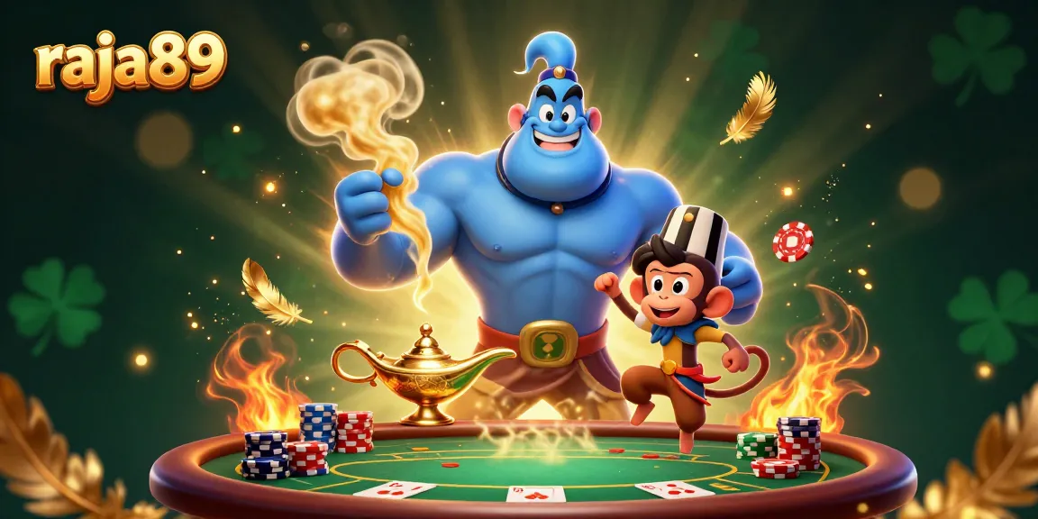 Play slots and win with Raja89 as a genie bursts from his lamp surrounded by poker elements.