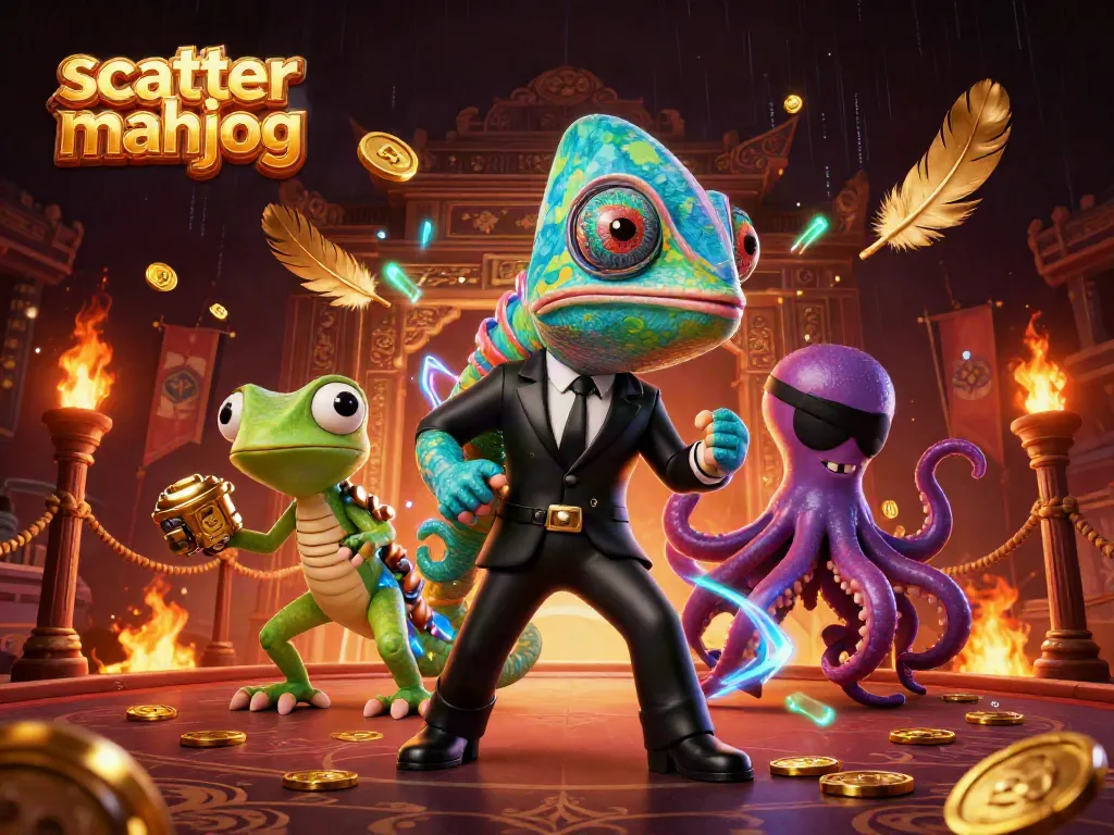 Engaging scatter mahjong scene showcasing characters amidst dynamic casino elements and effects.