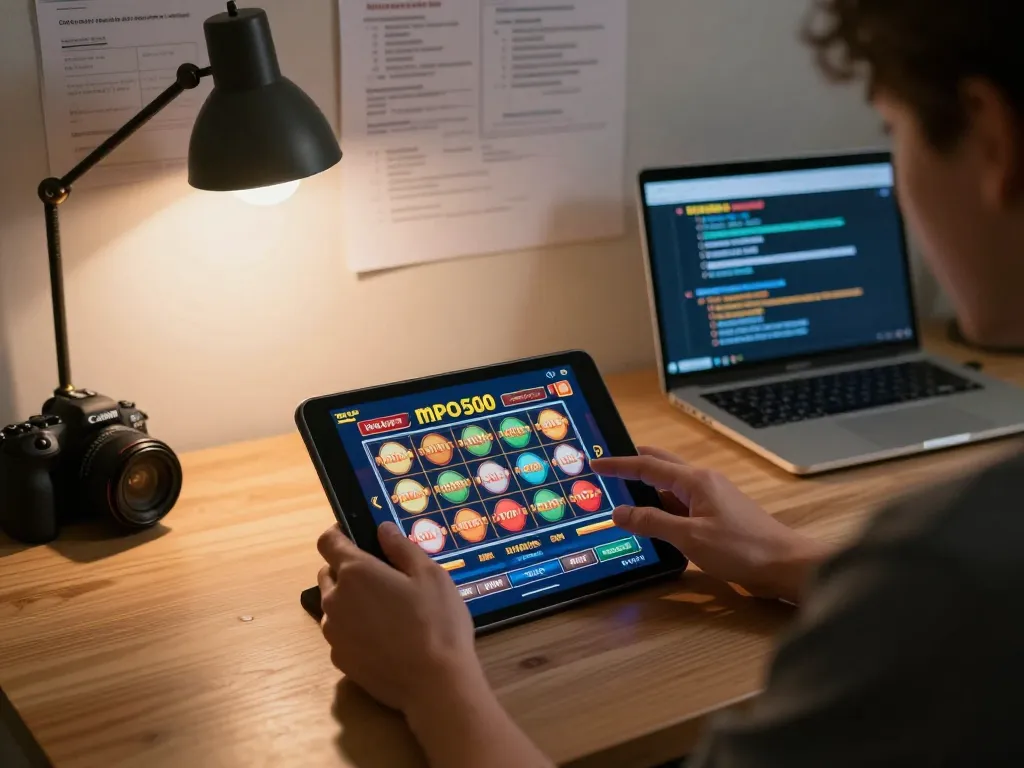 Engaging in mpo500 online slots from a cozy home setup with strategic notes.