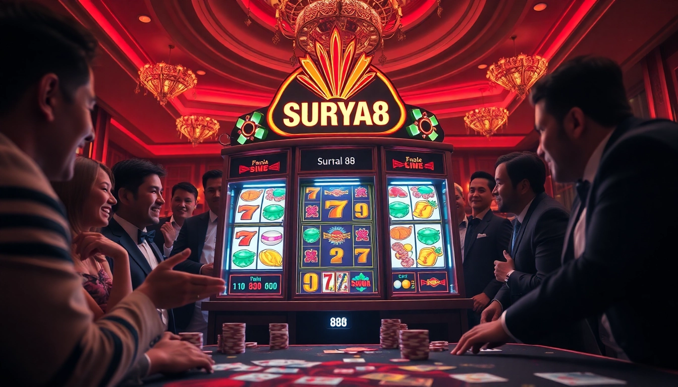 Para pemain menikmati mesin slot SURYA 88 di kasino yang hidup dan mewah.