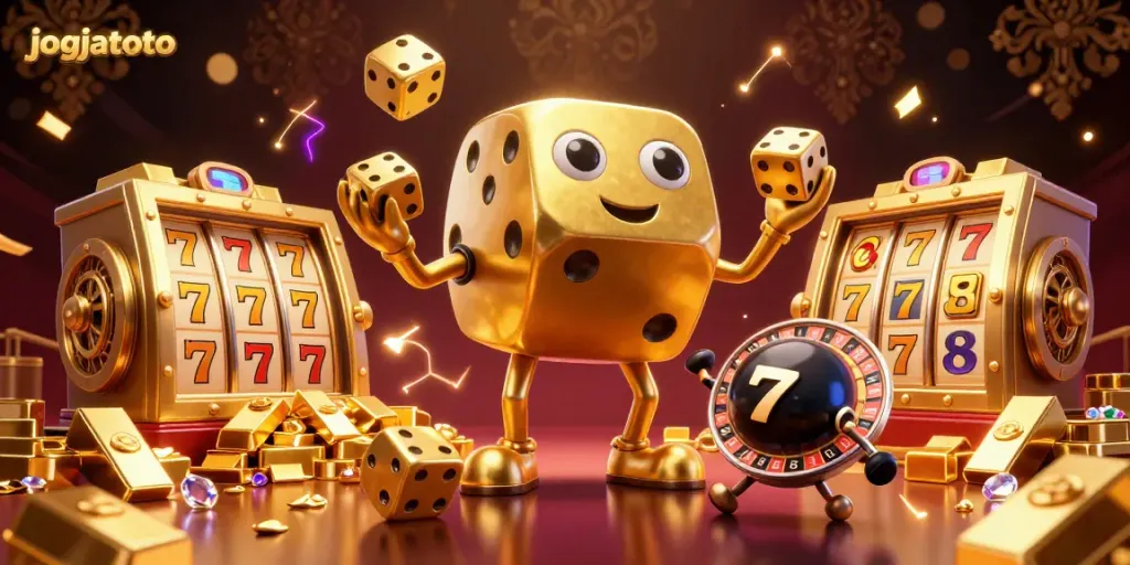 Experience the thrills of jogjatoto with vibrant slot reels and dynamic winnings in this 3D casino scene.