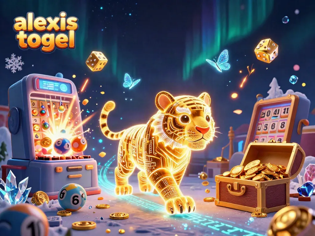 Gambarkan pengalaman bermain alexis togel dengan mesin lotere megah dan karakter menarik dalam ilustrasi 3D.