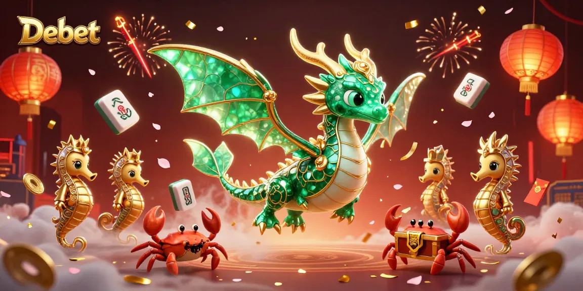 Engage with Debet's thrilling gaming scene featuring a vibrant sea dragon and festive casino elements.