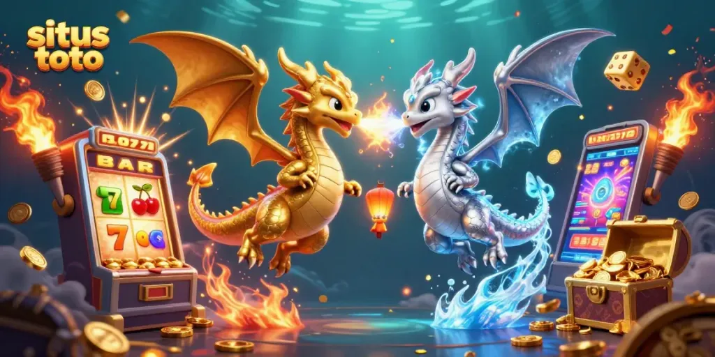 Menang dengan situs toto, ilustrasi dua naga terbang melawan simbol jackpot dan permainan kasino.