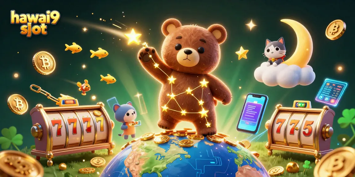 Engage with hawai9 slot and scoop coins in a vibrant 3D casino adventure featuring golden stars and rich game elements.