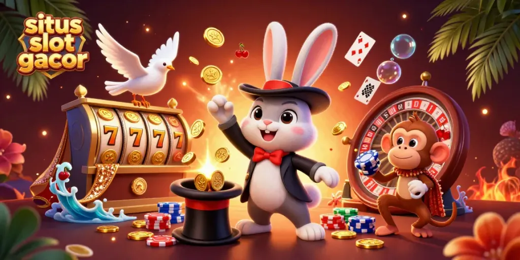 Permainan mengasyikkan di situs slot gacor dengan koin emas berkilau dan kartun berkarakter ceria.