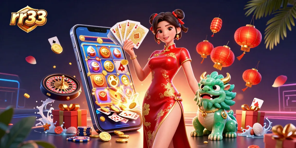 Win big at rr33 with a stunning woman in a qipao amidst a vibrant casino scene.