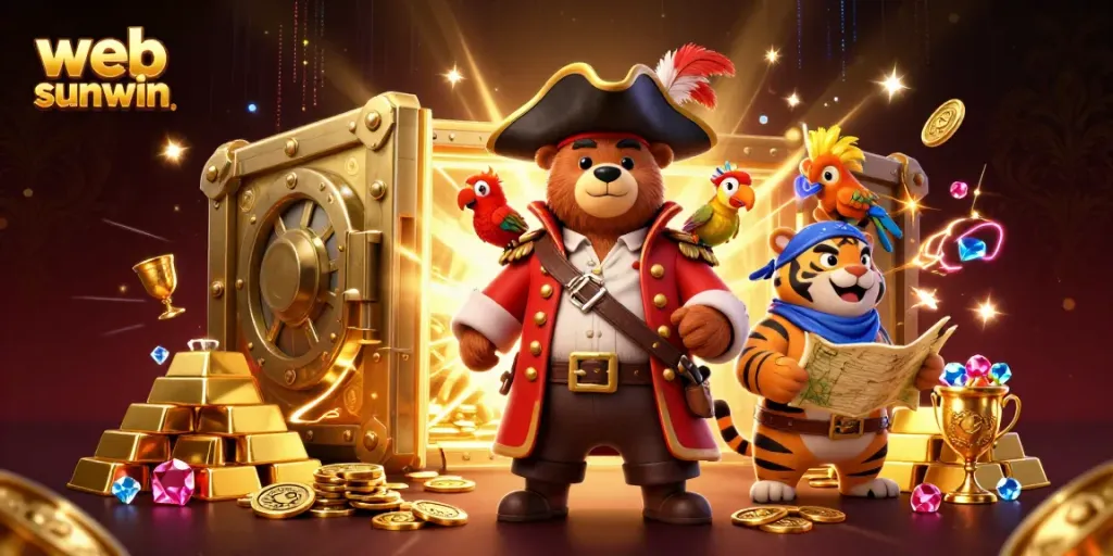 Experience thrilling gameplay with web sunwin, where a pirate bear leads a treasure hunt surrounded by gold!